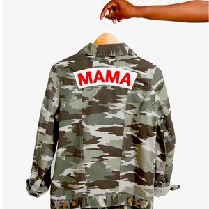 Ingrid & Isabel “MAMA” camo jacket size M. Matching “BABE” jacket avail: 6-12 mo